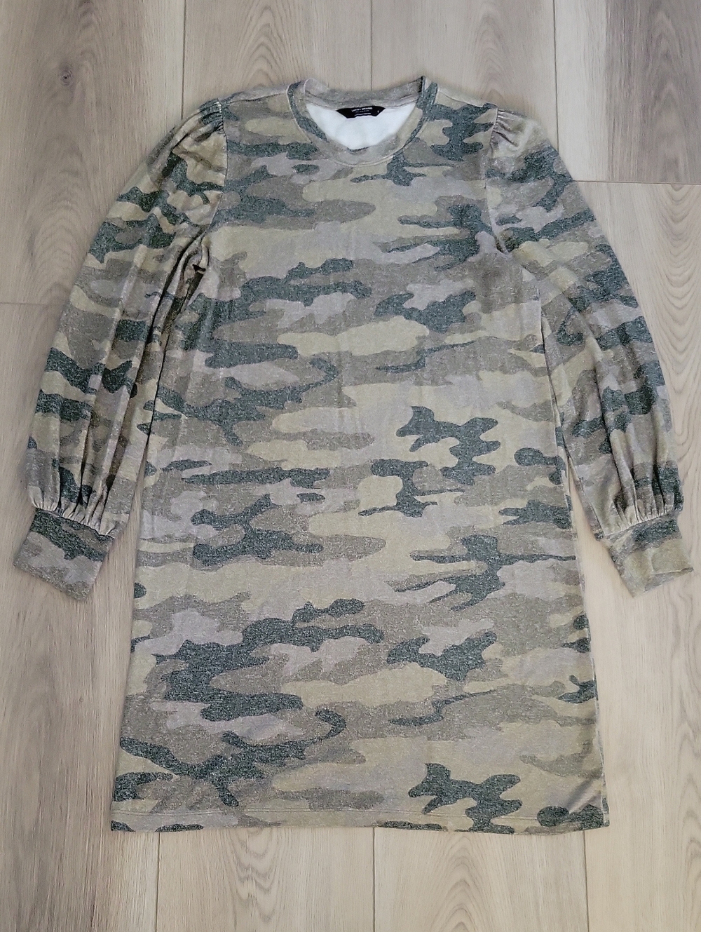 Camo Knit Puff-Sleeve Shift Dress - Green/Tan